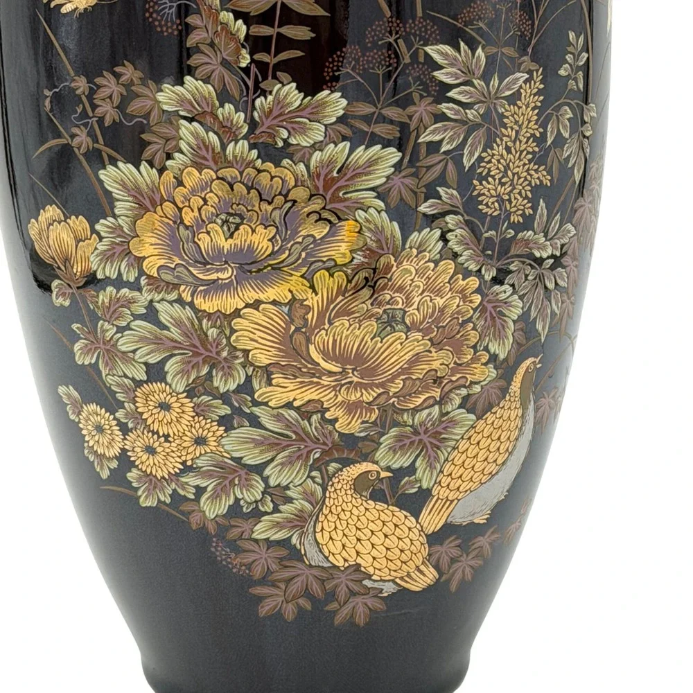 Vtg Japanese Shibata Style Gilded Floral Bird Ceramic Vase Dark Brown Gold 14in